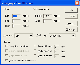 Диалоговое окно Paragraph Specifications